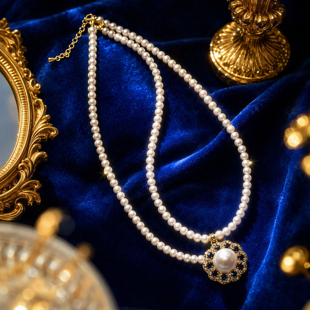 A white pearl necklace with a central sapphire and diamond pendant, an elegant and fashionable women's jewelry gift Specification image