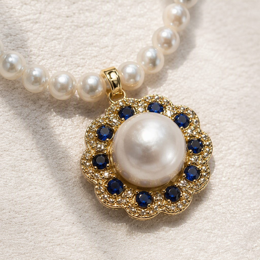 A white pearl necklace with a central sapphire and diamond pendant, an elegant and fashionable women's jewelry gift Application Scenario