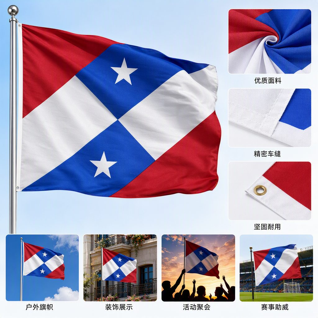 A three-color national flag with two white five-pointed stars and a small square scarf