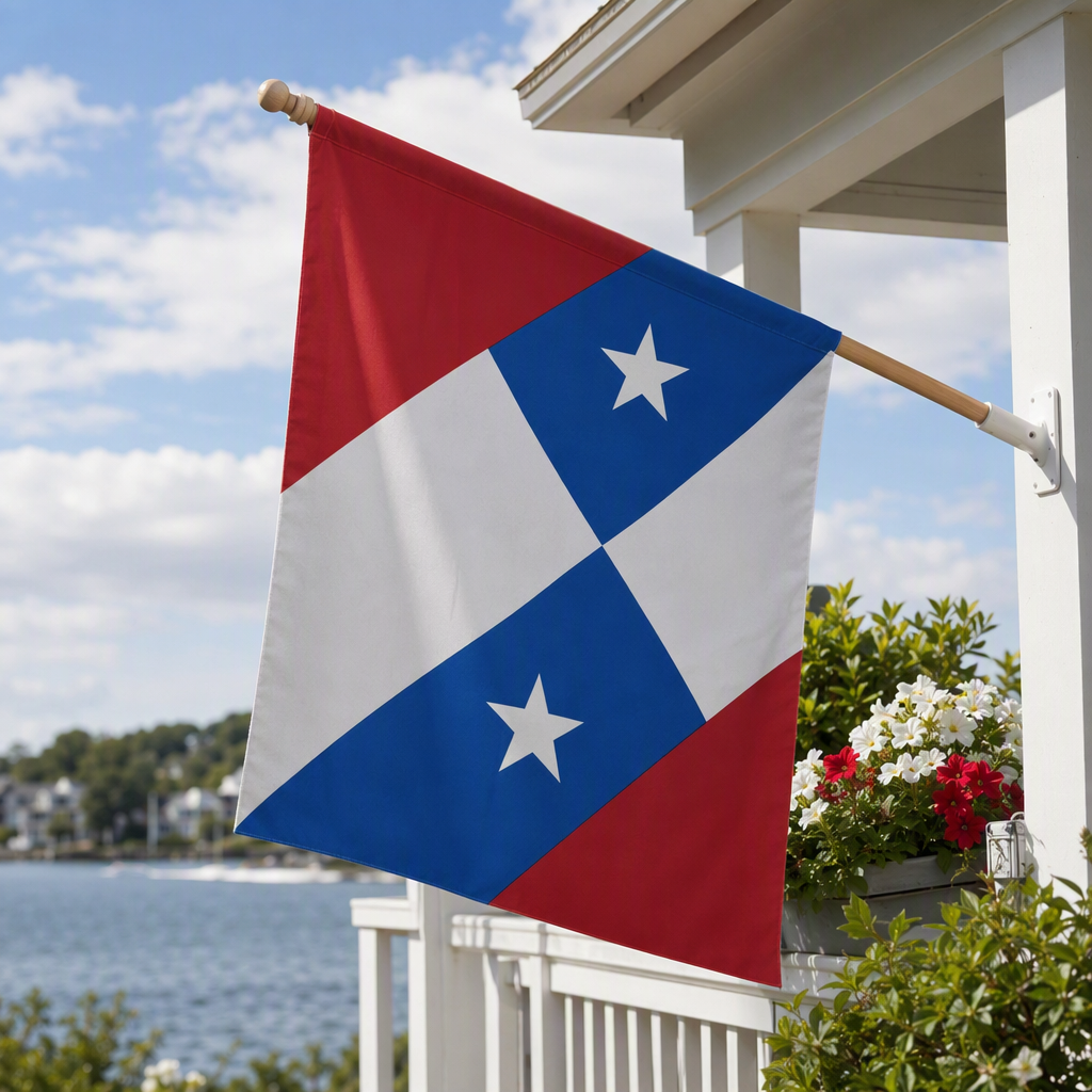 A three-color national flag with two white five-pointed stars and a small square scarf details Picture