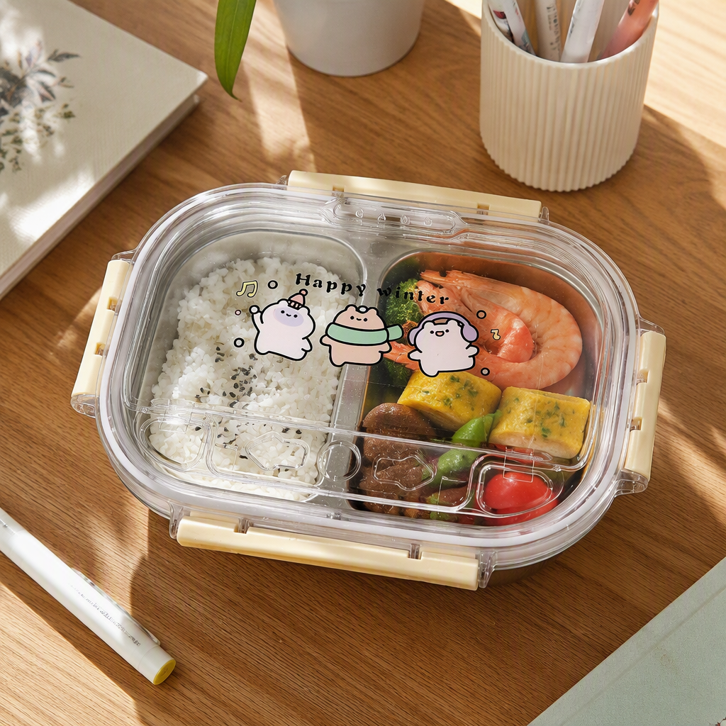Caja de almuerzo de acero inoxidable dividida con tapa transparente patrón de invierno de dibujos animados caja de comida portátil para estudiantes vajilla para niños resistente al calor resistente a caídas details Picture