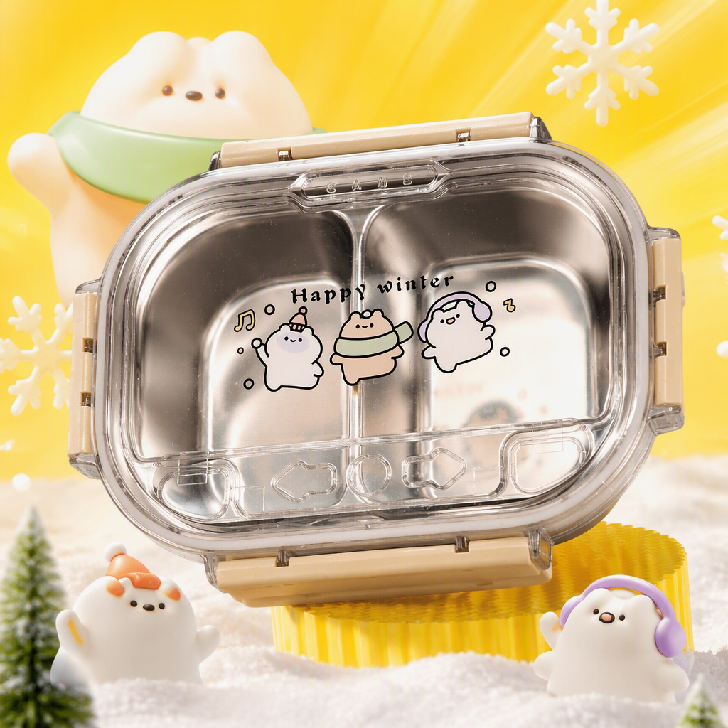 Caja de almuerzo de acero inoxidable dividida con tapa transparente patrón de invierno de dibujos animados caja de comida portátil para estudiantes vajilla para niños resistente al calor resistente a caídas Specification image