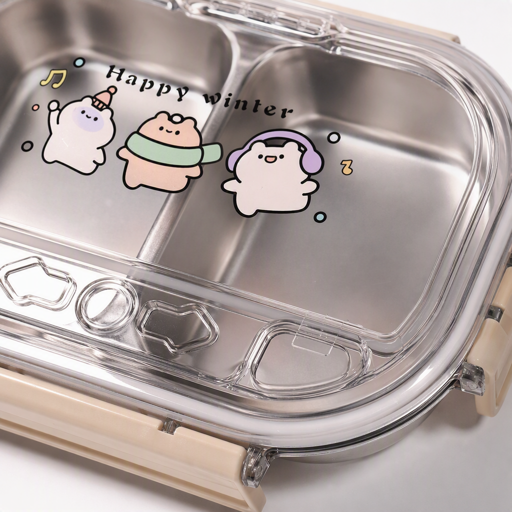 Caja de almuerzo de acero inoxidable dividida con tapa transparente patrón de invierno de dibujos animados caja de comida portátil para estudiantes vajilla para niños resistente al calor resistente a caídas Application Scenario