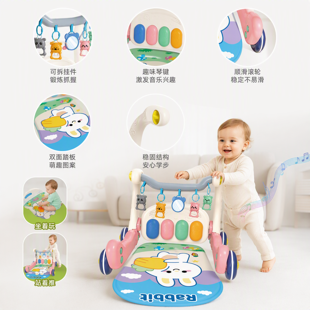 Pink piano pedal baby walker with colorful piano keys, hanging toy rabbit pattern floor mat, early education and intelligence toy for babies, Children's Day gift