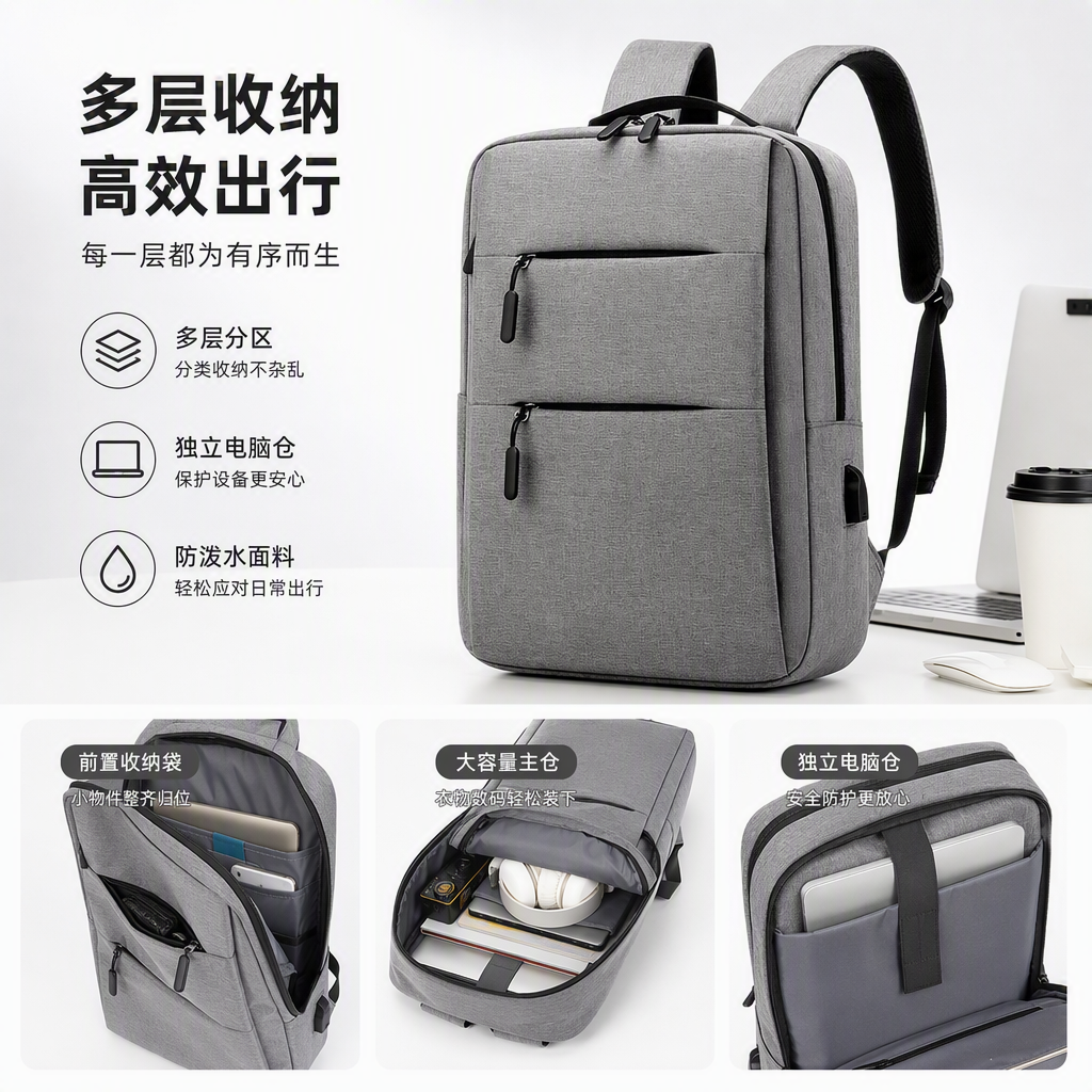 Fashionable and casual grey backpack with large capacity for students, suitable for both men and women, a trendy travel backpack