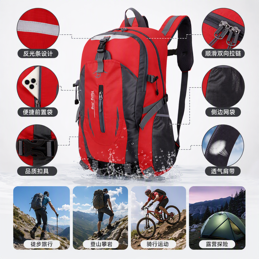 Multifuncional resistente al desgaste mochila de montaña de gran capacidad resistente al agua y a prueba de choques al aire libre bolsa de viaje estilo rojo para deportes y ocio