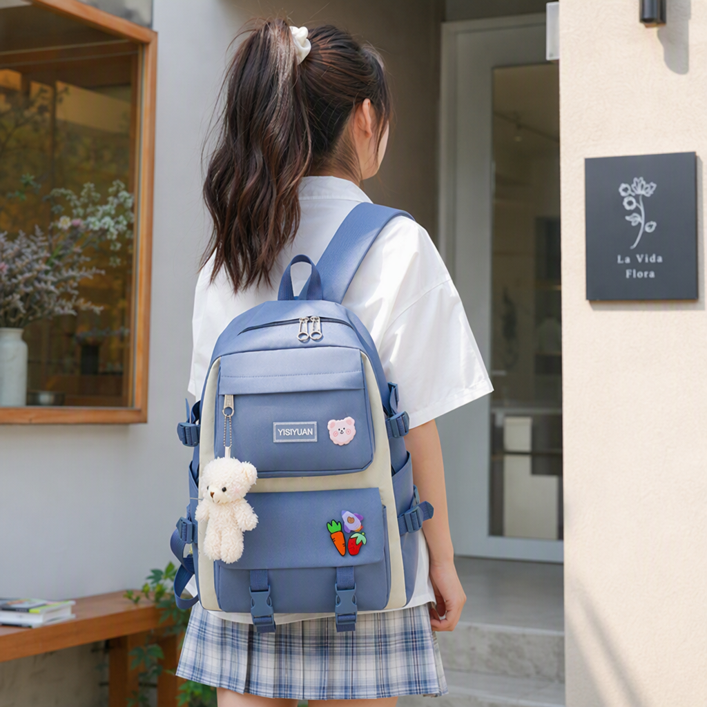 Student schoolbag accessory set: Blue multi-functional pen case, book holder, bookmark, book lamp, children's backpack, trendy and casual student supplies details Picture