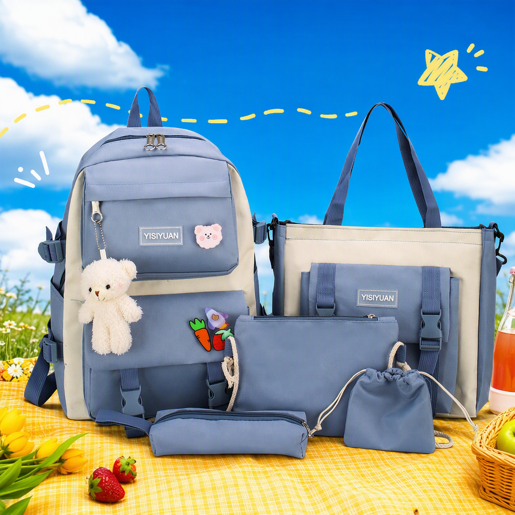 Student schoolbag accessory set: Blue multi-functional pen case, book holder, bookmark, book lamp, children's backpack, trendy and casual student supplies Specification image