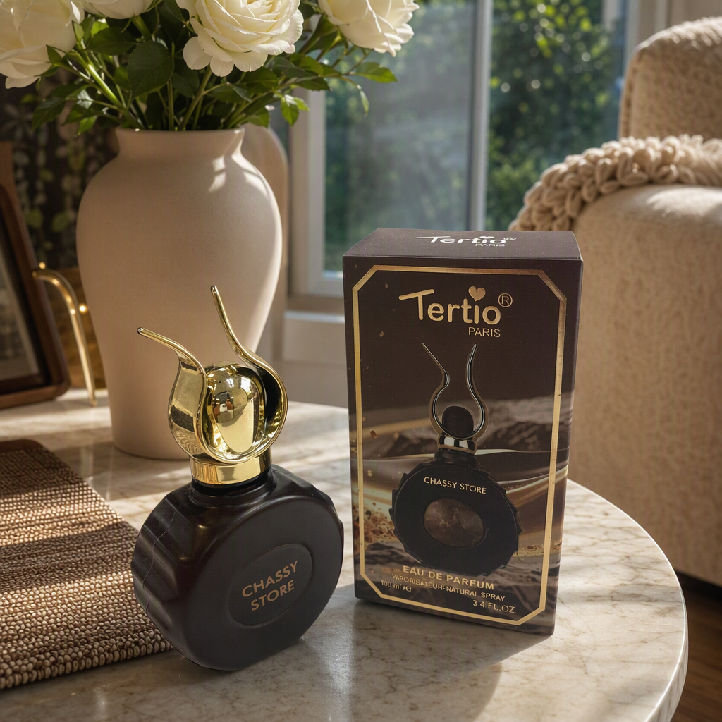 Luxurious black perfume bottle, golden cap, brown packaging box, fashionable and elegant fragrance gift box details Picture