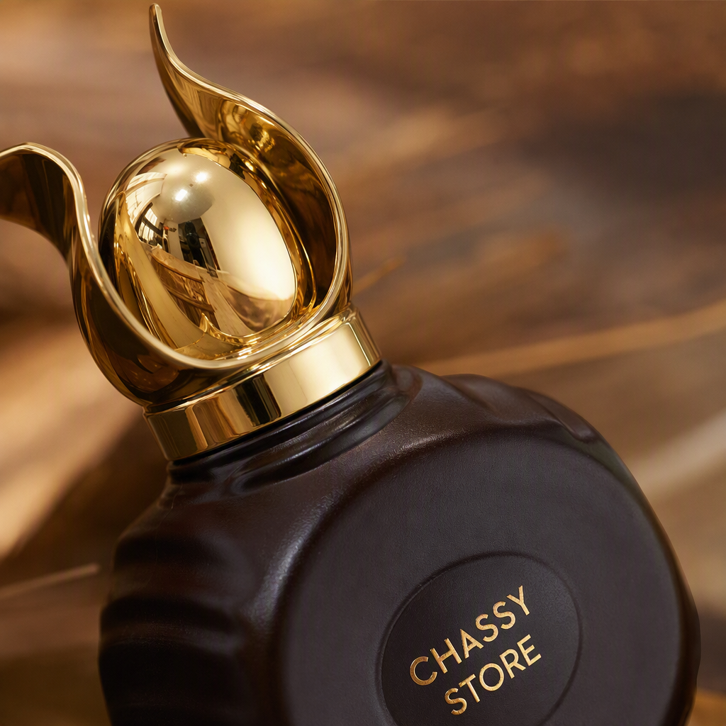 Luxurious black perfume bottle, golden cap, brown packaging box, fashionable and elegant fragrance gift box Application Scenario