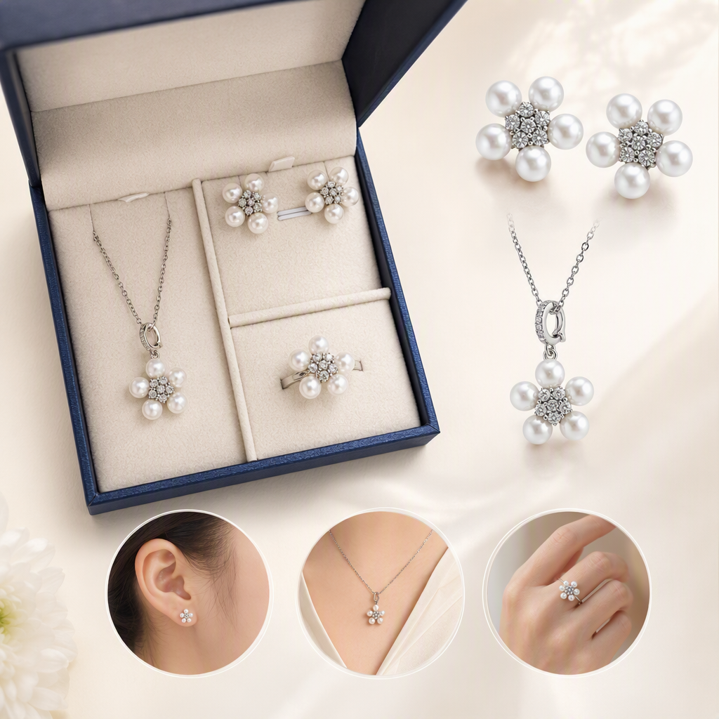 Blue gift box, pearl and diamond flower-shaped jewelry set, necklace, stud and ring, elegant and fashionable gift choice
