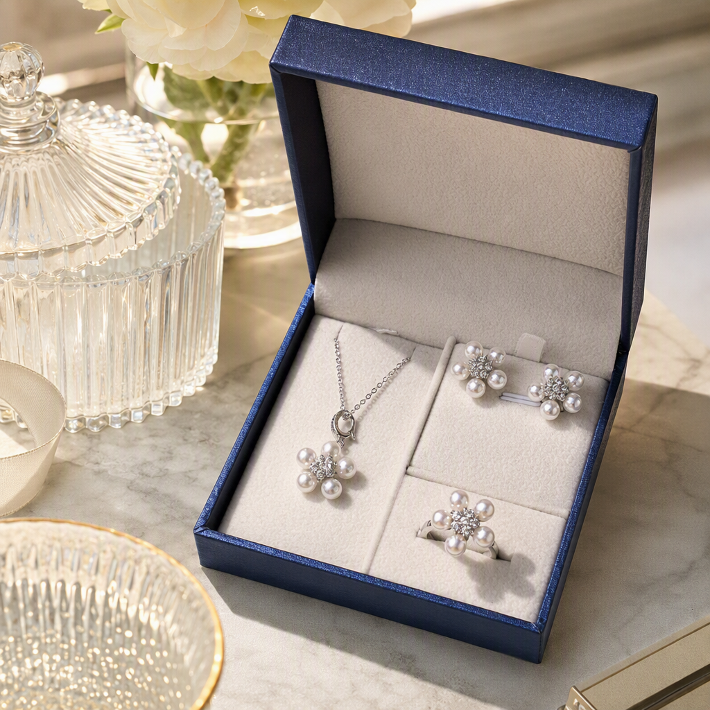 Blue gift box, pearl and diamond flower-shaped jewelry set, necklace, stud and ring, elegant and fashionable gift choice details Picture