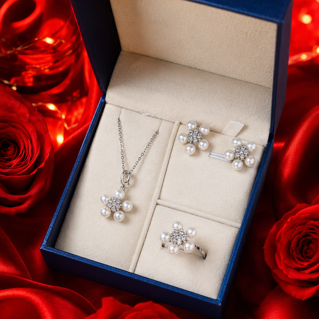 Blue gift box, pearl and diamond flower-shaped jewelry set, necklace, stud and ring, elegant and fashionable gift choice Specification image