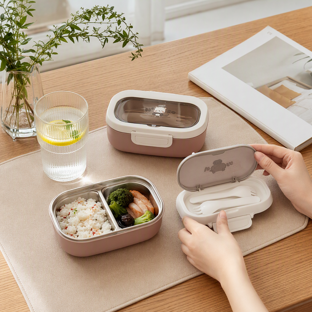 Pink compartments lunch box, stainless steel inner liner with tableware, lemon slice portable student lunch box, multi-functional insulated lunch box details Picture