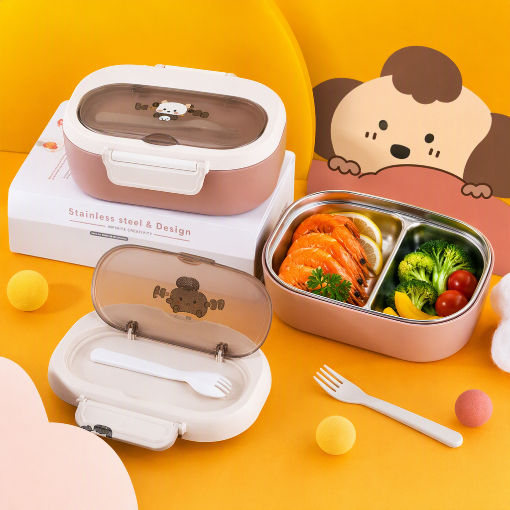 Pink compartments lunch box, stainless steel inner liner with tableware, lemon slice portable student lunch box, multi-functional insulated lunch box Specification image