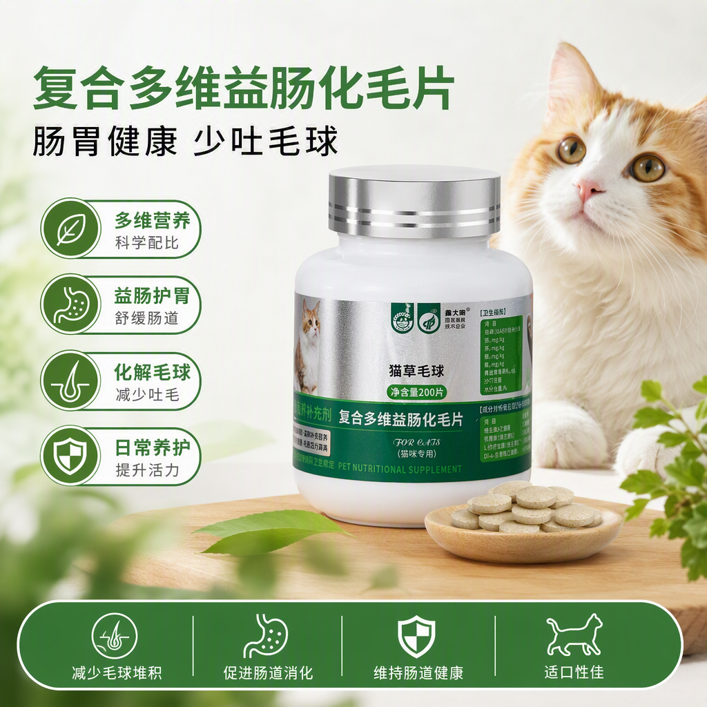 Multi-dimensional nutritional Intestinal Tablets for Pet kittens to Dissolve hairballs, benefit the intestines and protect the stomach