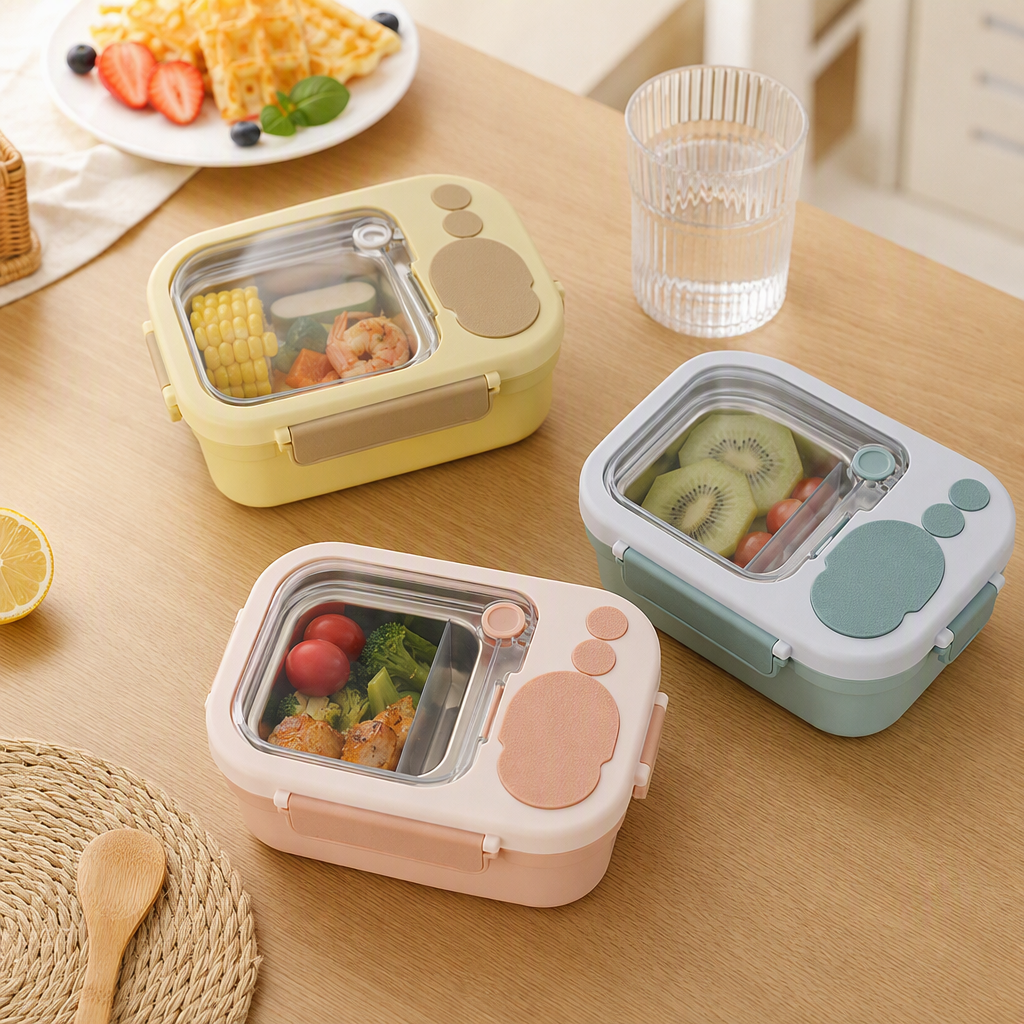 Colorful cartoon children's lunch box, carrying lunch box, baby and toddler food storage box, durable plastic tableware set details Picture