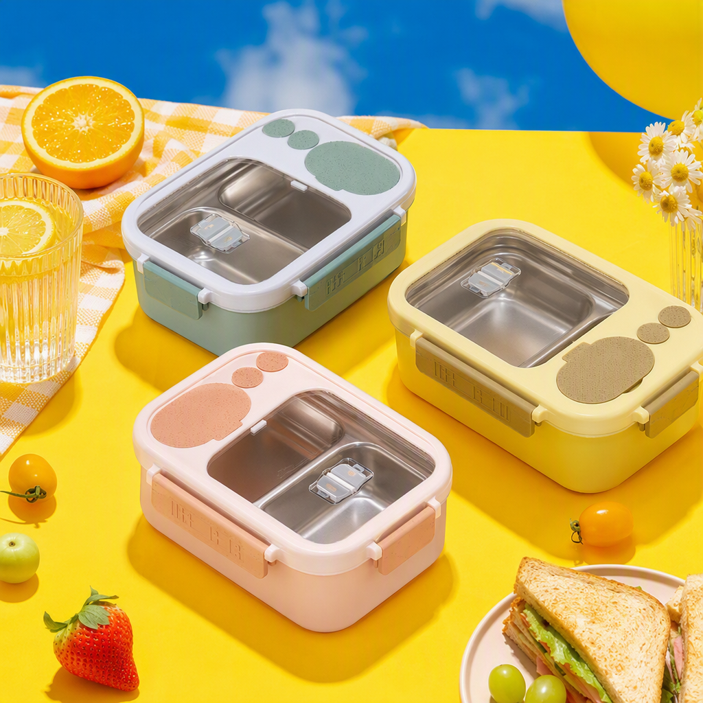Colorful cartoon children's lunch box, carrying lunch box, baby and toddler food storage box, durable plastic tableware set Specification image