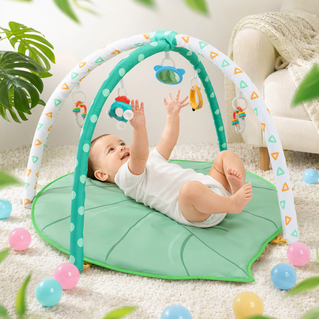 Baby play mat, green leaf-shaped, arched hanging toy rack, colorful small balls, safe and environmentally friendly baby crawling mat Specification image