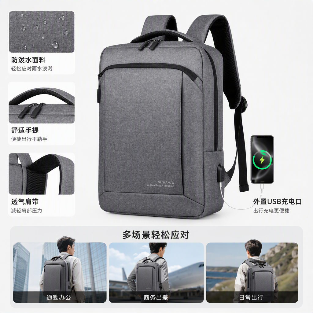Multi-functional casual backpack, men's student travel trend grey backpack, large-capacity backpack, sports backpack