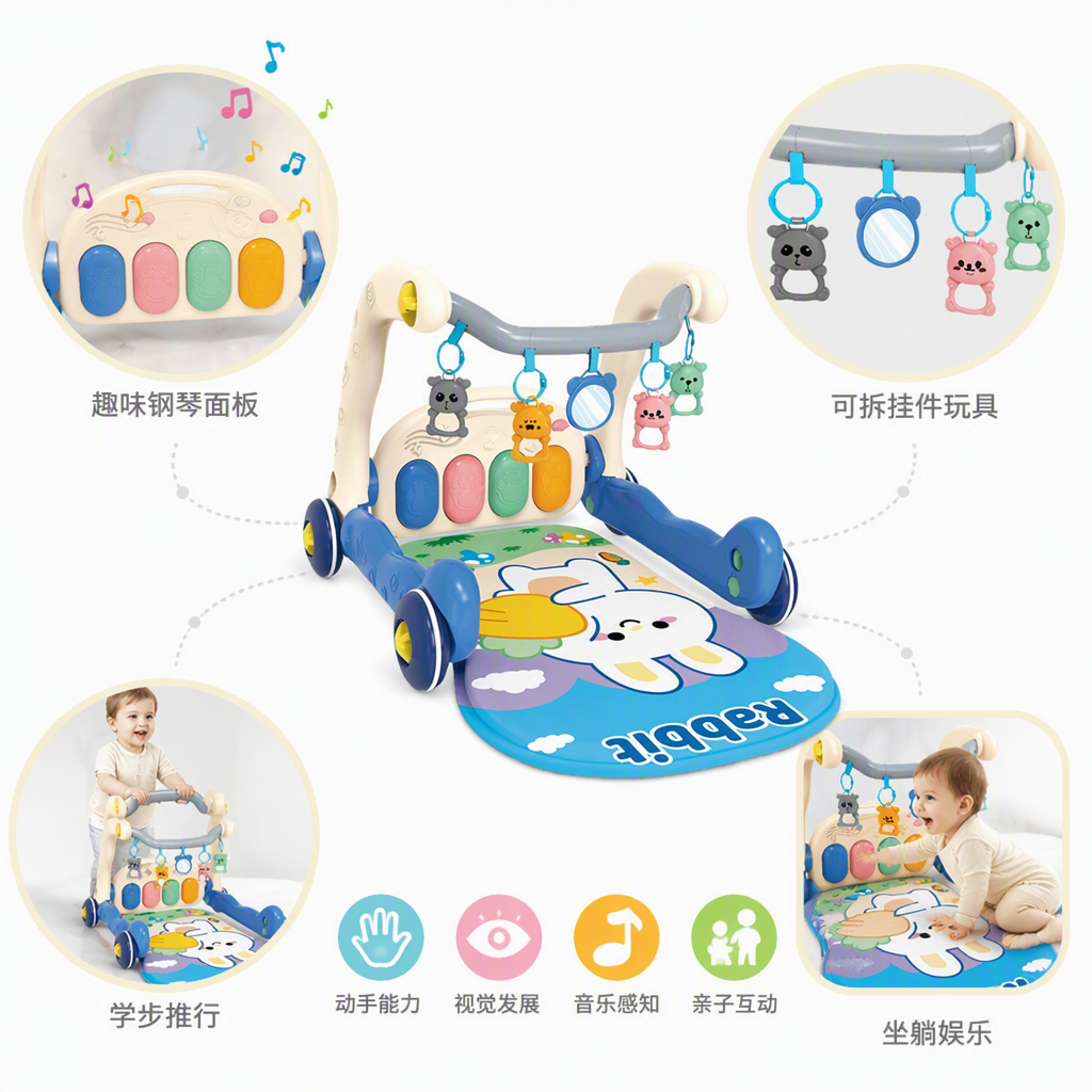 Blue rabbit piano pedal baby walker with colorful piano keys, hanging toy rabbit pattern floor mat, early education and intelligence toy for babies, Children's Day gift