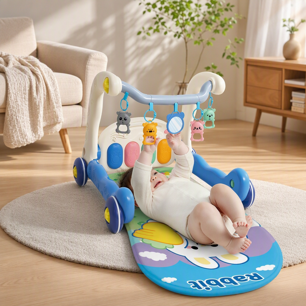 Blue rabbit piano pedal baby walker with colorful piano keys, hanging toy rabbit pattern floor mat, early education and intelligence toy for babies, Children's Day gift details Picture