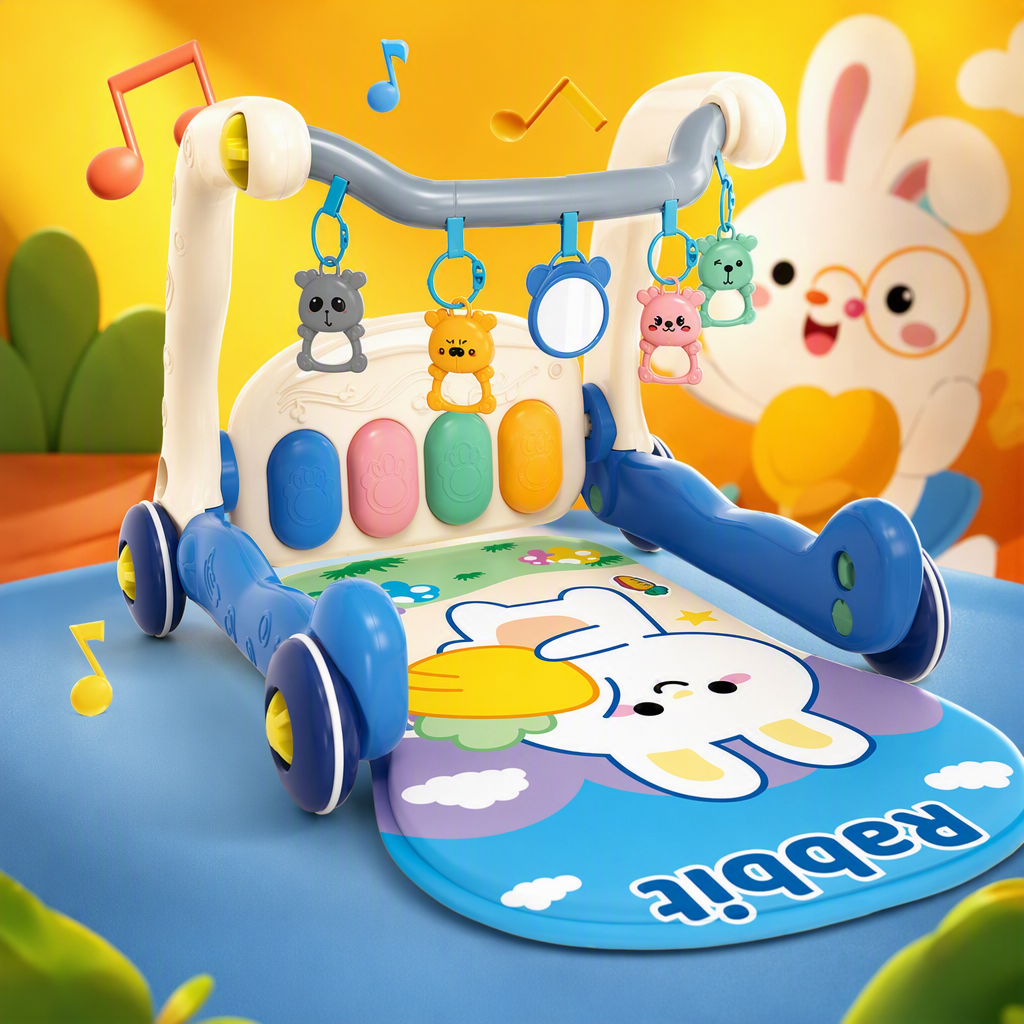 Blue rabbit piano pedal baby walker with colorful piano keys, hanging toy rabbit pattern floor mat, early education and intelligence toy for babies, Children's Day gift Specification image