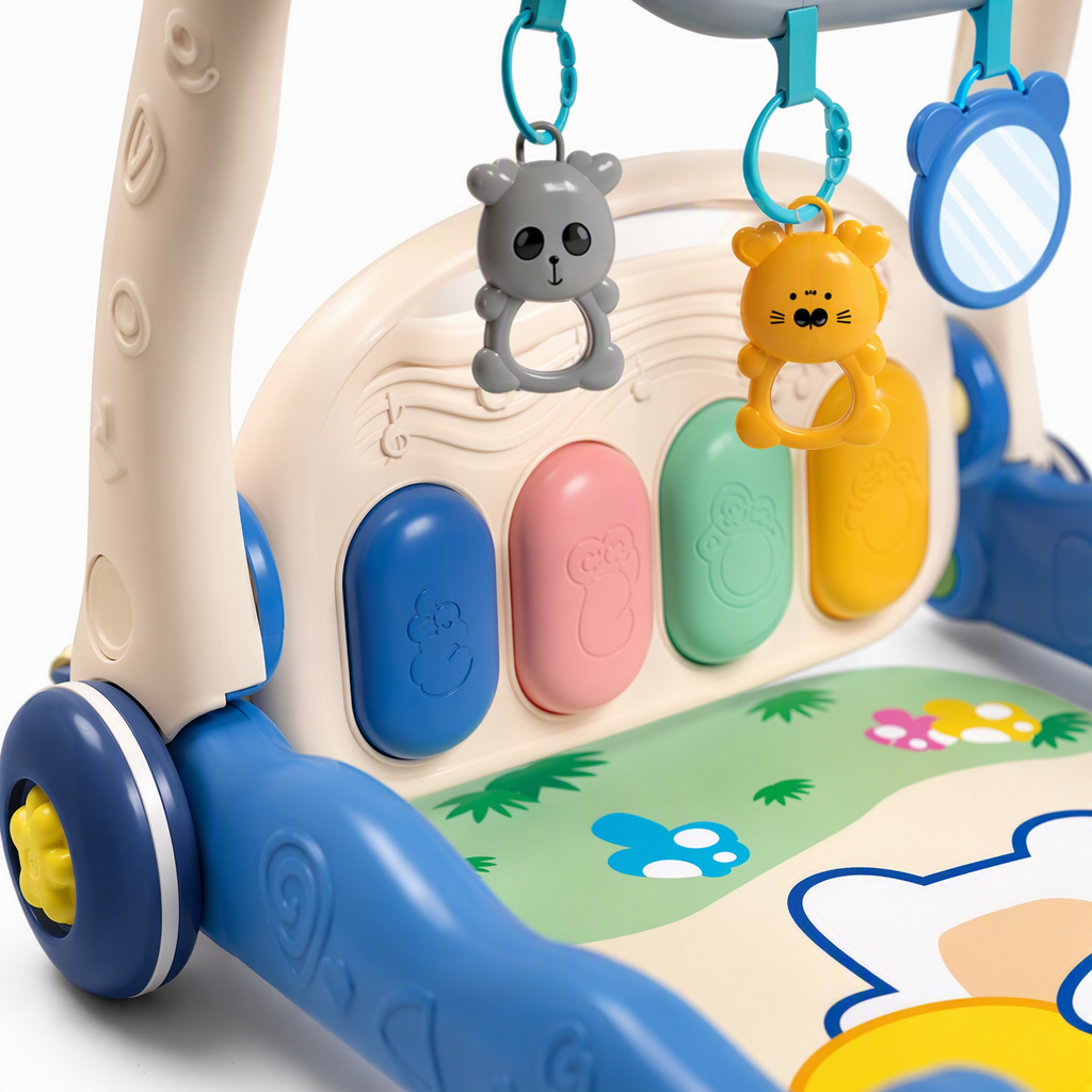 Blue rabbit piano pedal baby walker with colorful piano keys, hanging toy rabbit pattern floor mat, early education and intelligence toy for babies, Children's Day gift Application Scenario