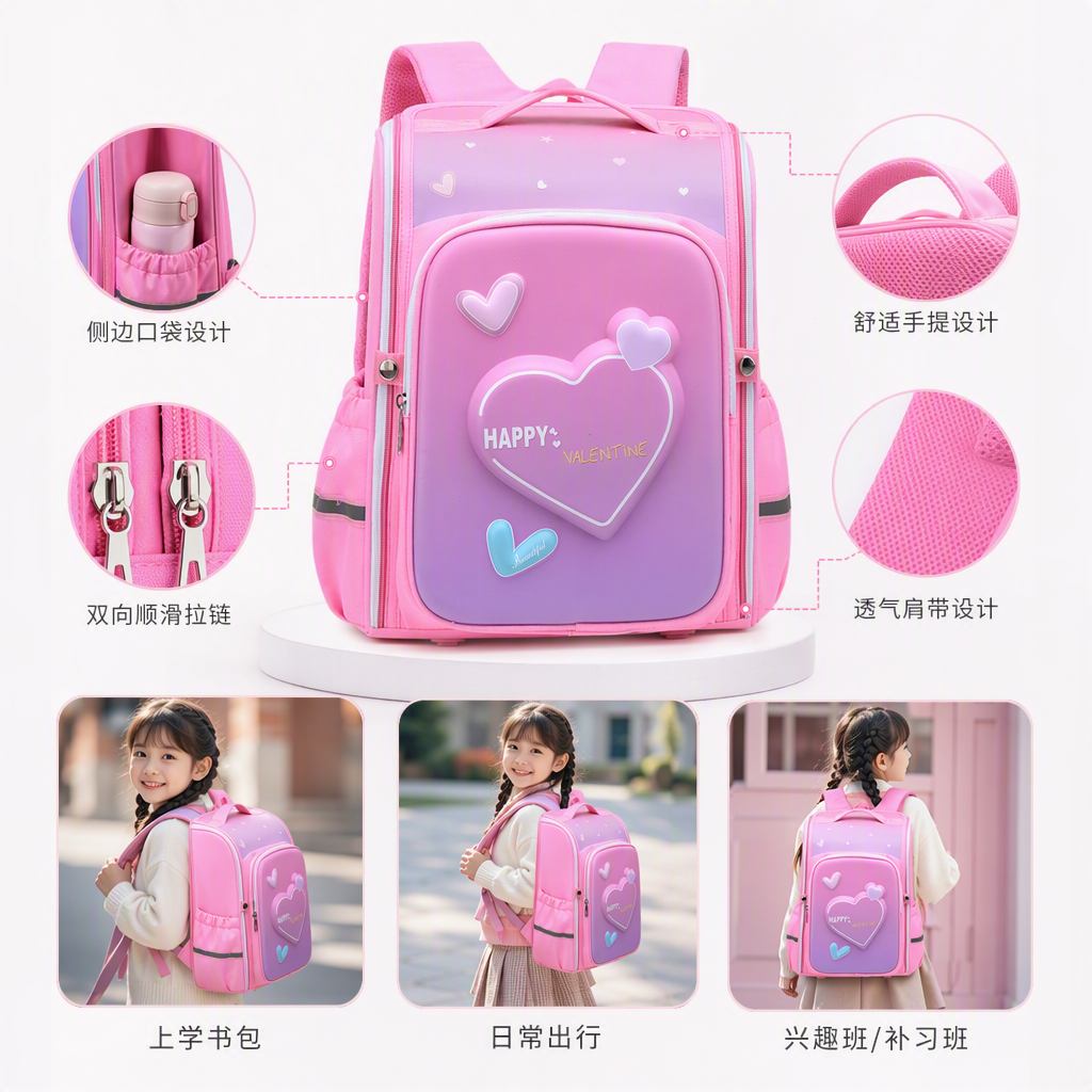 Pink heart-themed children's schoolbag, girl student backpack, cute cartoon kindergarten schoolbag, children's gift