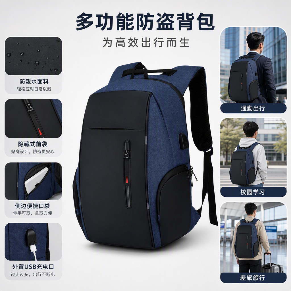 Fashionable color-blocked backpack, large-capacity student casual travel bag for both men and women, blue and black color scheme, trendy style
