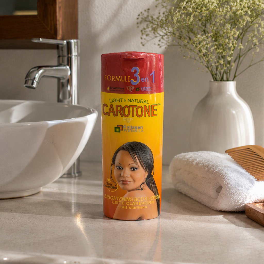 Carotone Brightening Body Lotion with a creamy yellow gradient bottle, moisturizing, hydrating and brightening skin tone details Picture