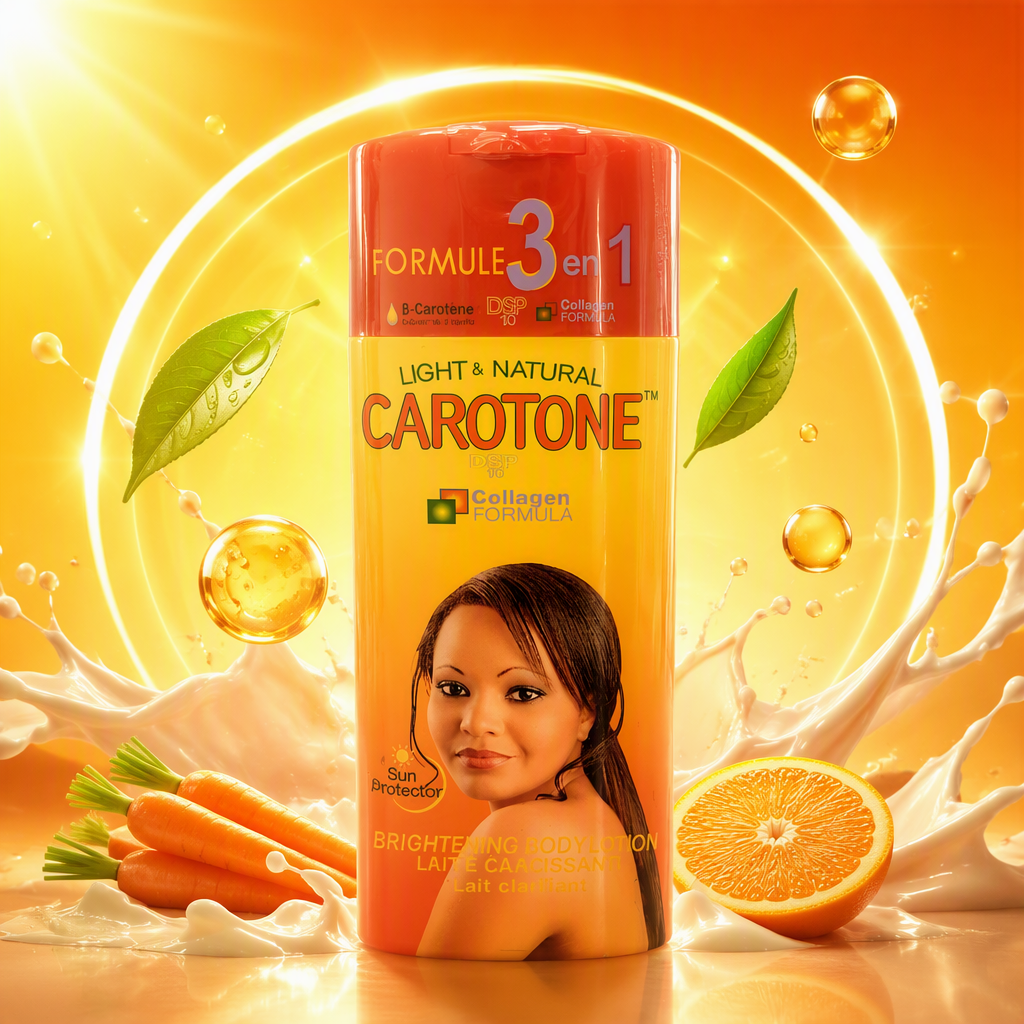 Carotone Brightening Body Lotion with a creamy yellow gradient bottle, moisturizing, hydrating and brightening skin tone Specification image