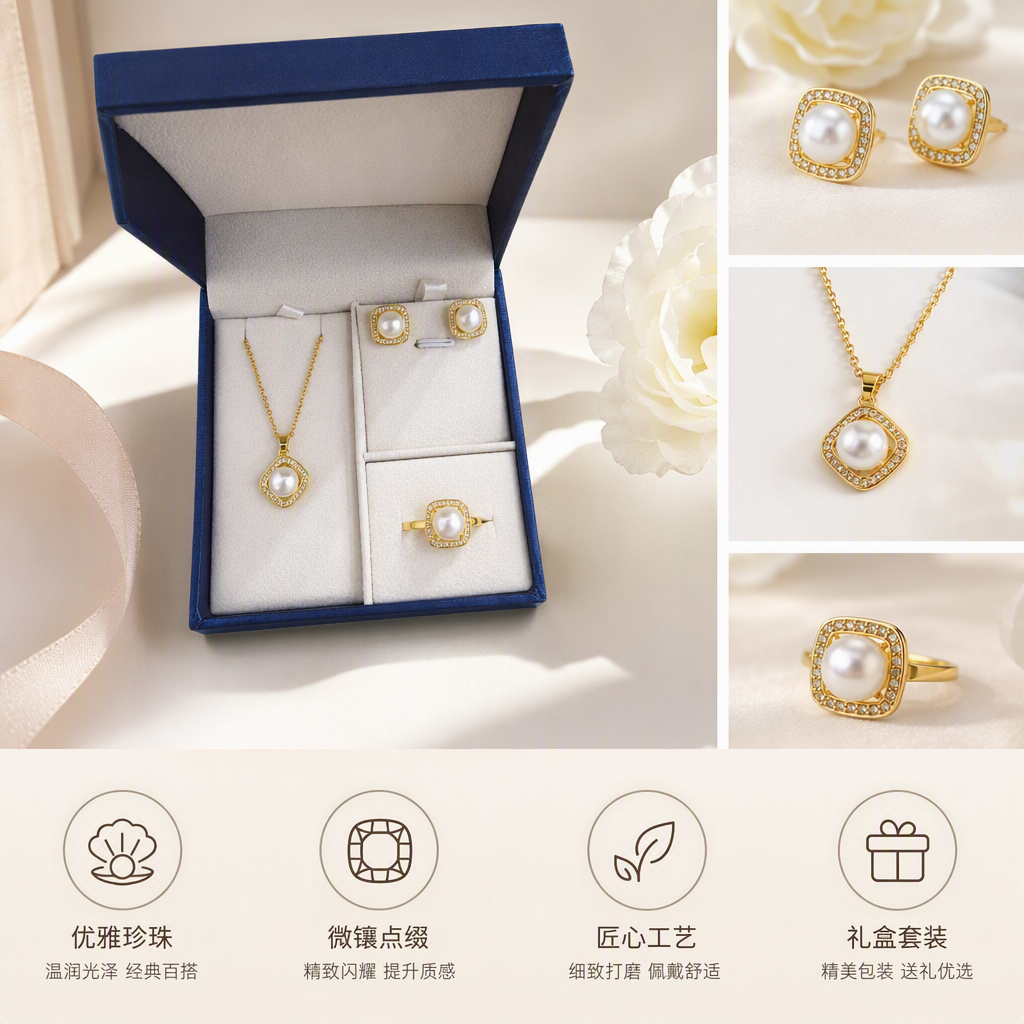 Blue gift box pearl jewelry set, golden embellished pendant, stud ring, elegant accessory gift box