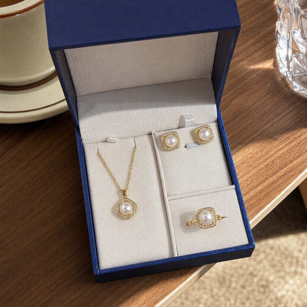 Blue gift box pearl jewelry set, golden embellished pendant, stud ring, elegant accessory gift box details Picture