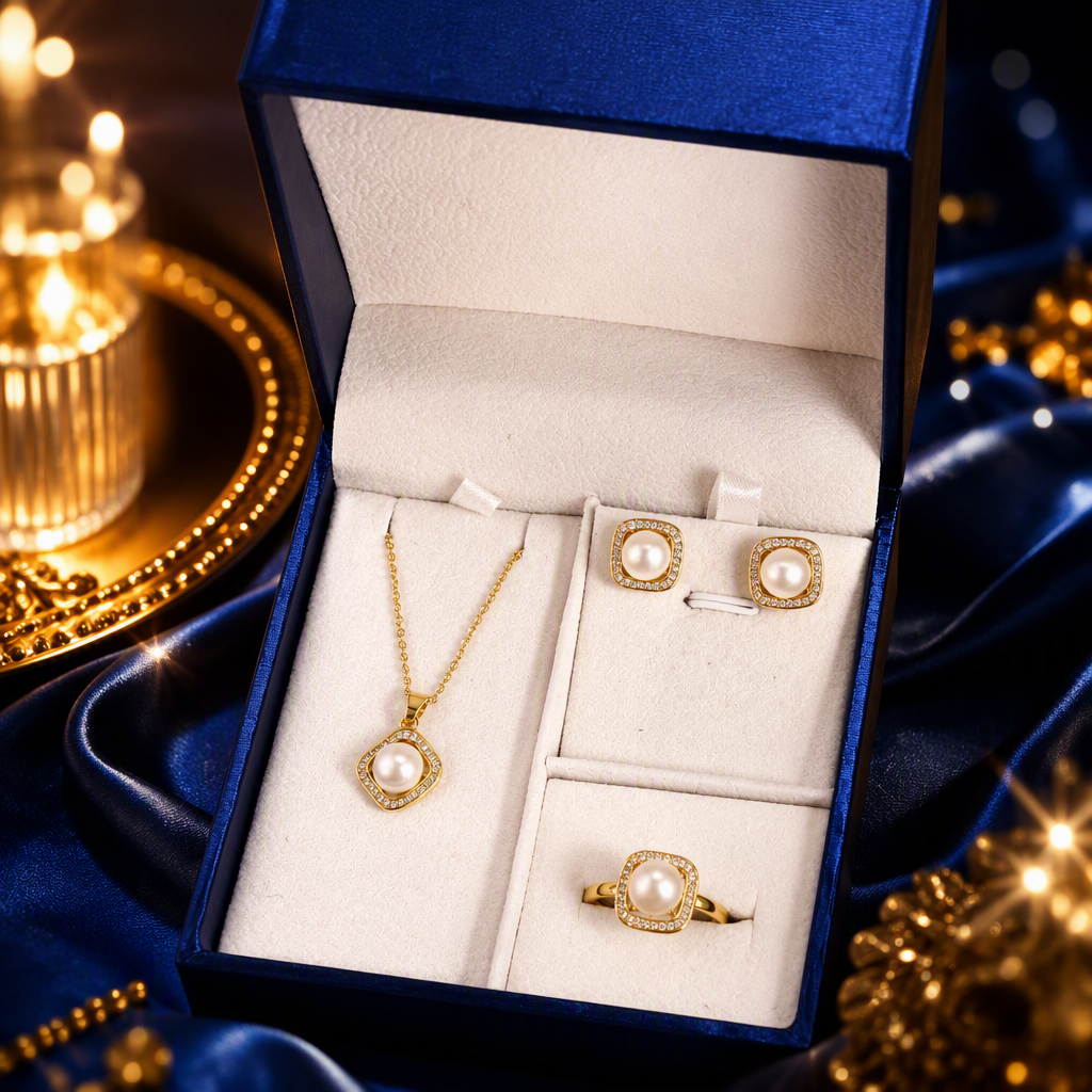 Blue gift box pearl jewelry set, golden embellished pendant, stud ring, elegant accessory gift box Specification image