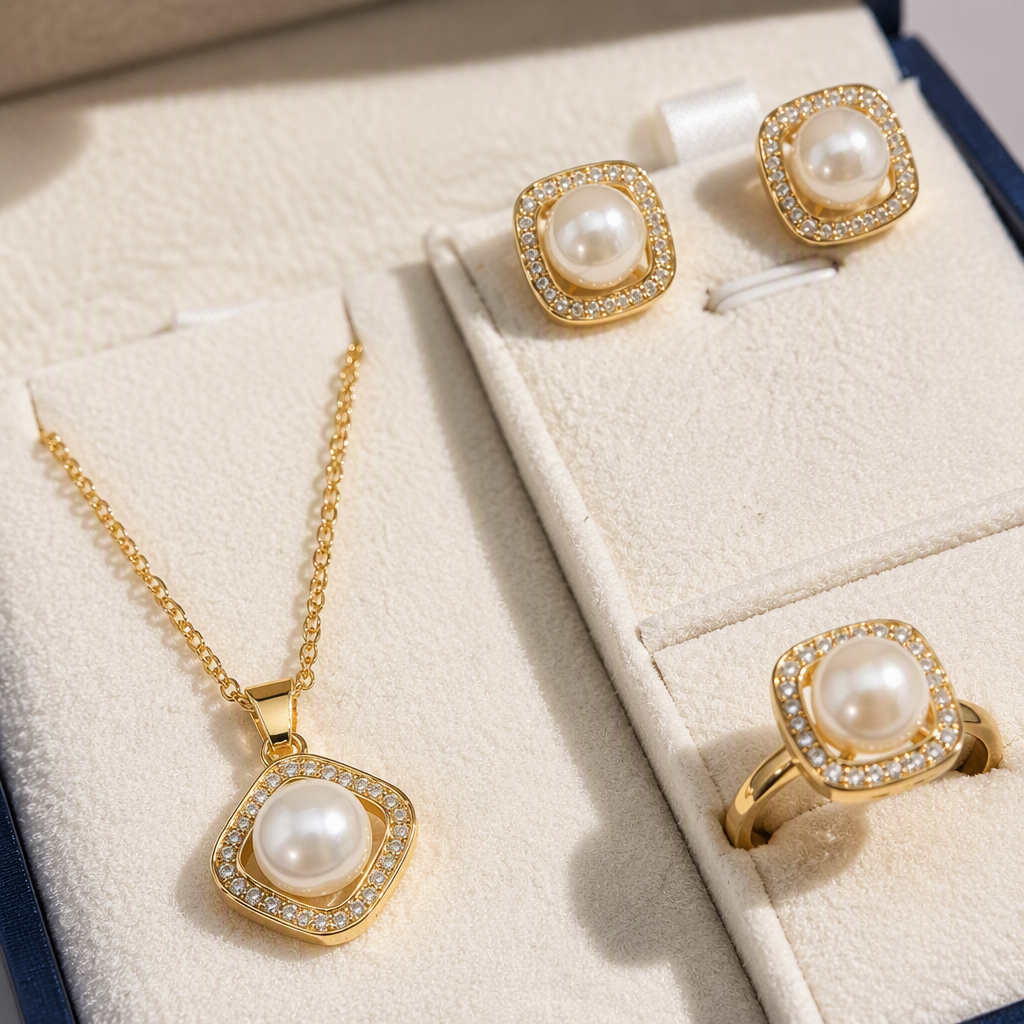 Blue gift box pearl jewelry set, golden embellished pendant, stud ring, elegant accessory gift box Application Scenario