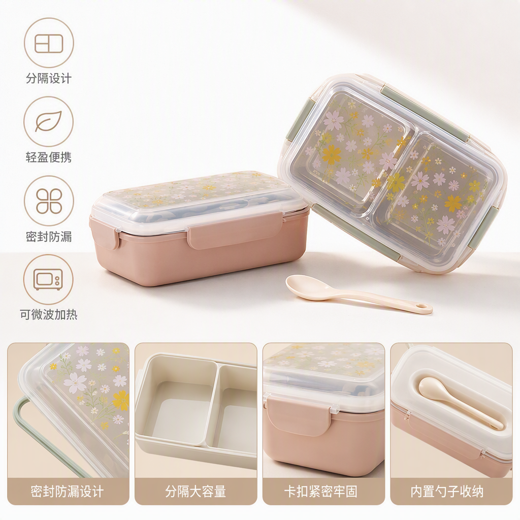 Pink checkered lunch box with small spoon, portable student lunch box, children's bento box, multi-functional storage box, tableware set