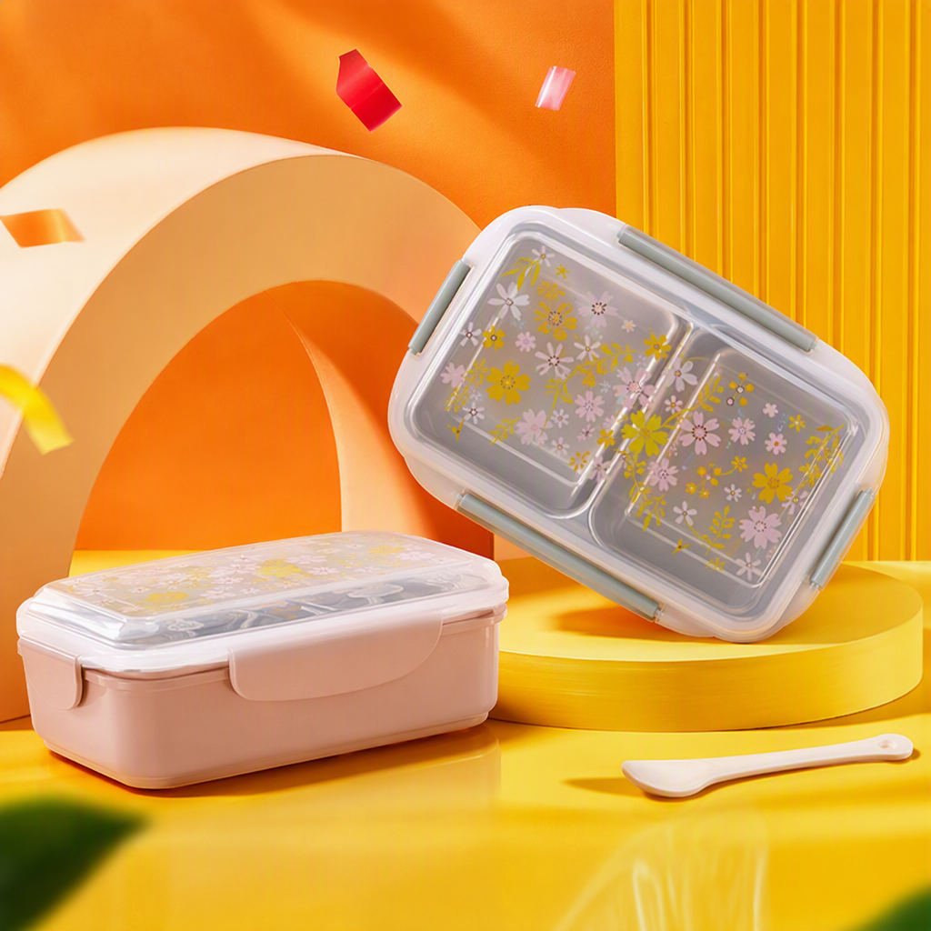 علب وجبات الطعام الوردية المقطعة مع ملعقة أطفال محمولة Specification image