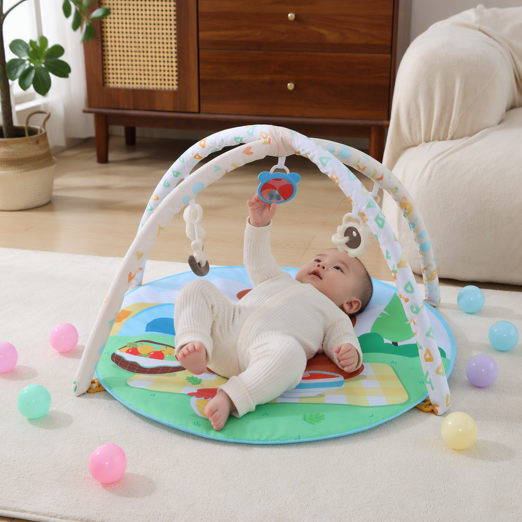 Estera de juego de bebé colorida con soporte de arco rosa oso picnic patrón redondo para niños escalada estera con juguetes dispersos bola de color details Picture