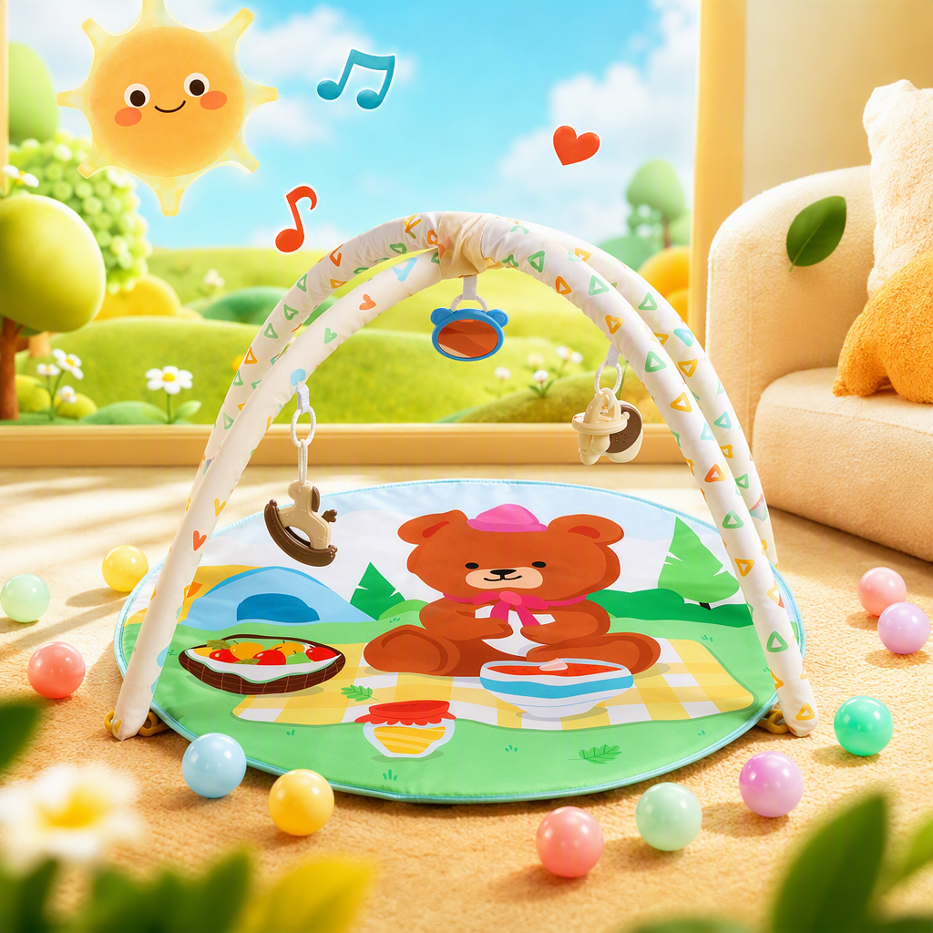 Estera de juego de bebé colorida con soporte de arco rosa oso picnic patrón redondo para niños escalada estera con juguetes dispersos bola de color Specification image