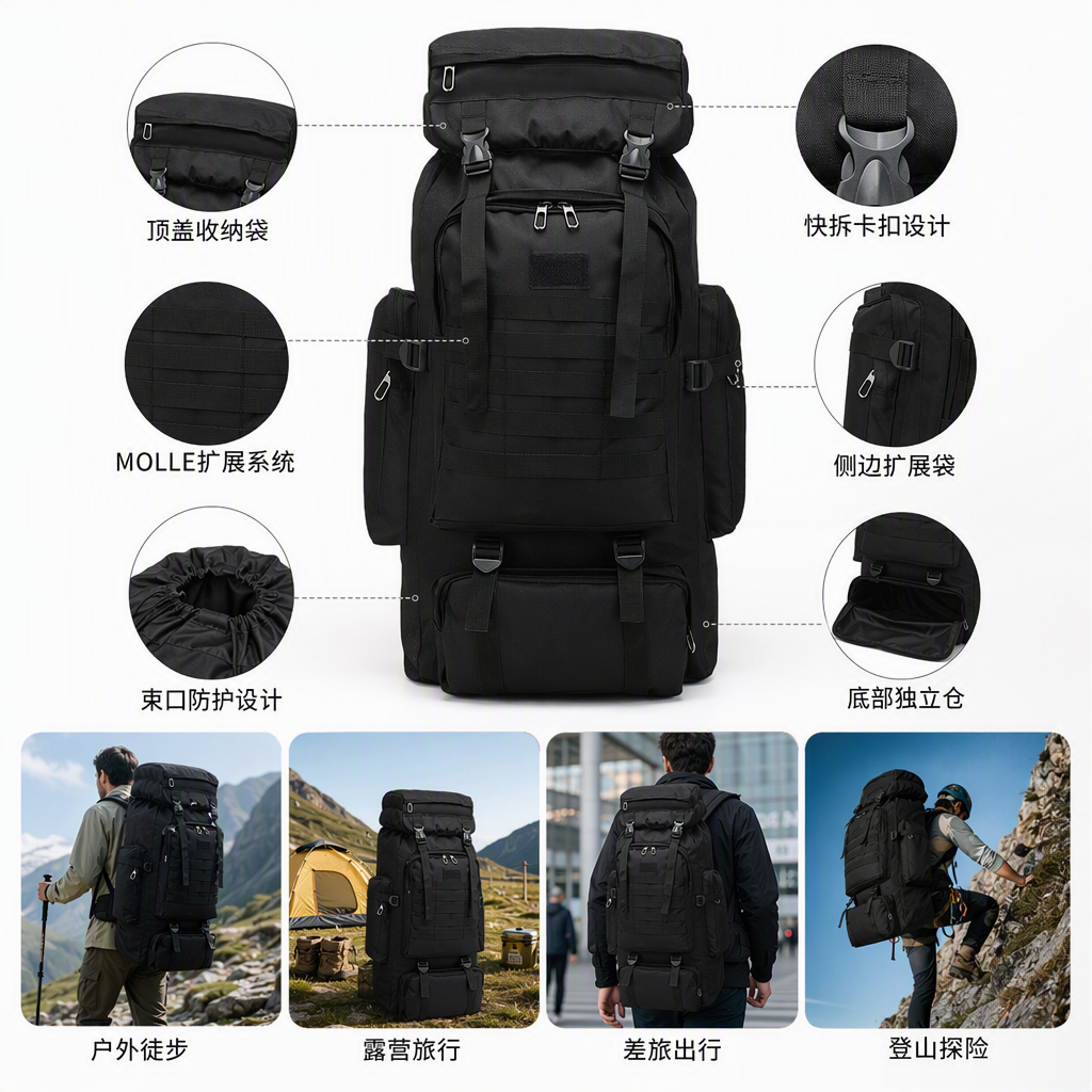 Wear-resistant, waterproof, multi-functional tactical backpack, outdoor mountain climbing and travel sports backpack, large capacity, men's and women's styles
