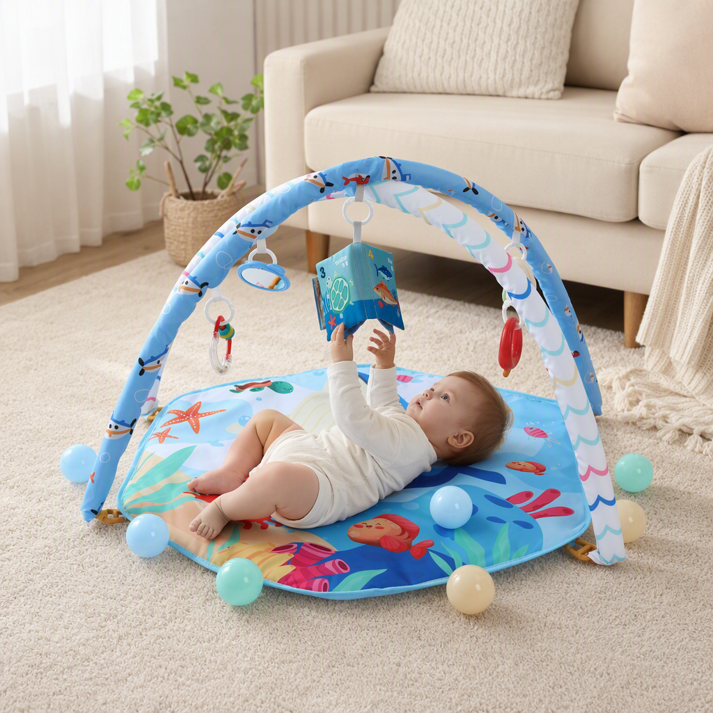 Blue ocean-themed baby play MATS with arched hanging toys and colorful small balls, safe and soft baby climbing MATS, children's early education toys details Picture