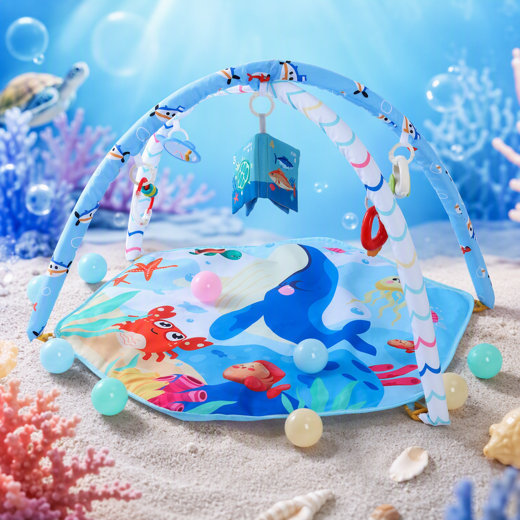 Blue ocean-themed baby play MATS with arched hanging toys and colorful small balls, safe and soft baby climbing MATS, children's early education toys Specification image