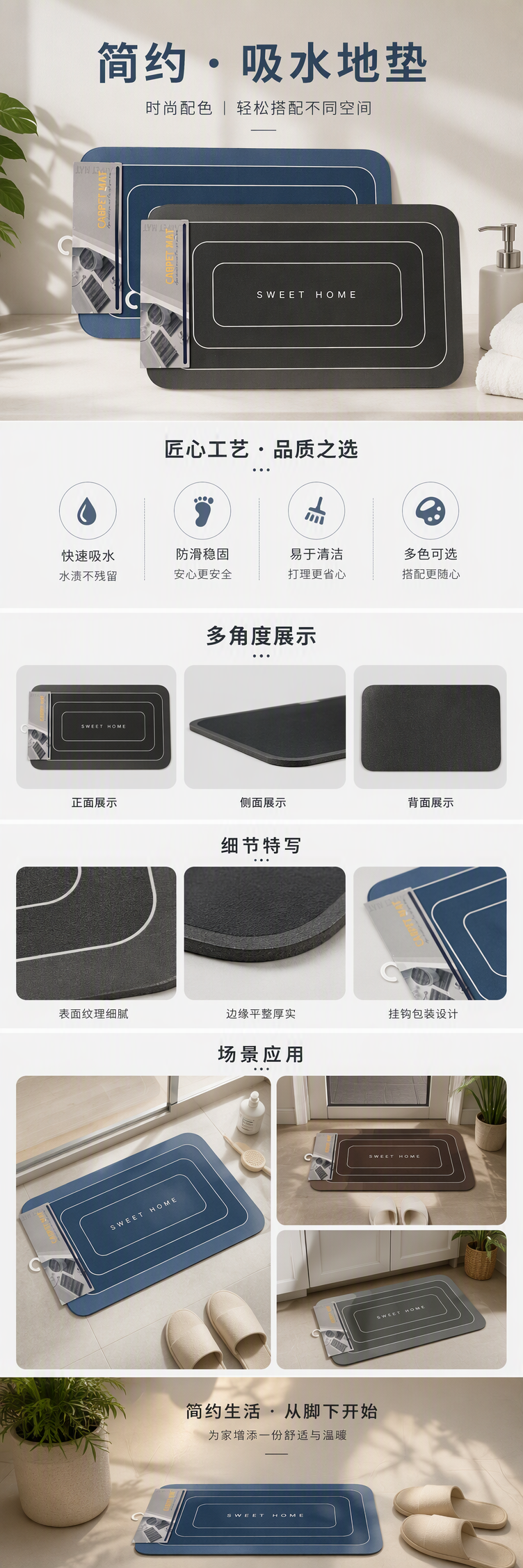 蓝色黑色渐变地毯垫印有SWEET HOME字样家居地垫防滑地垫卧室客厅地垫地毯垫详情1