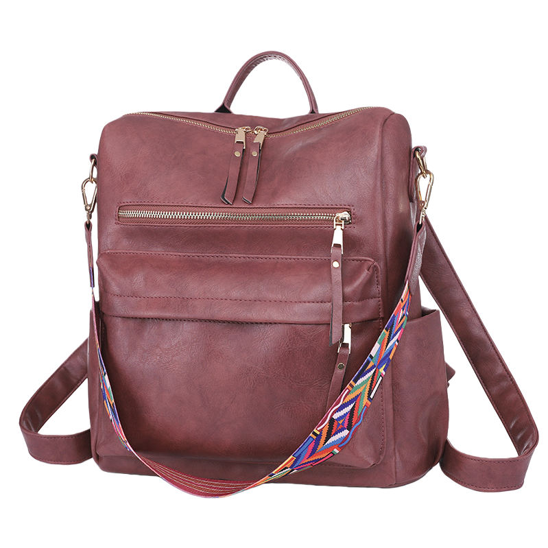Fashionable wine red leather backpack with colorful geometric pattern shoulder straps, casual backpack for women, a trendy and versatile choice Item Picture