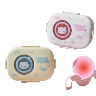 Pink and beige camera-shaped portable lunch box, creative tableware for children and students, cute bento box with lid Item Picture