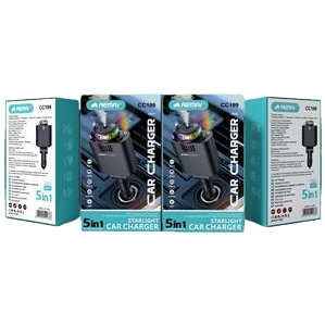 The multi-functional car charger with blue-green packaging is a portable car charger that charges quickly and is compatible with mobile phones and tablets Item Picture