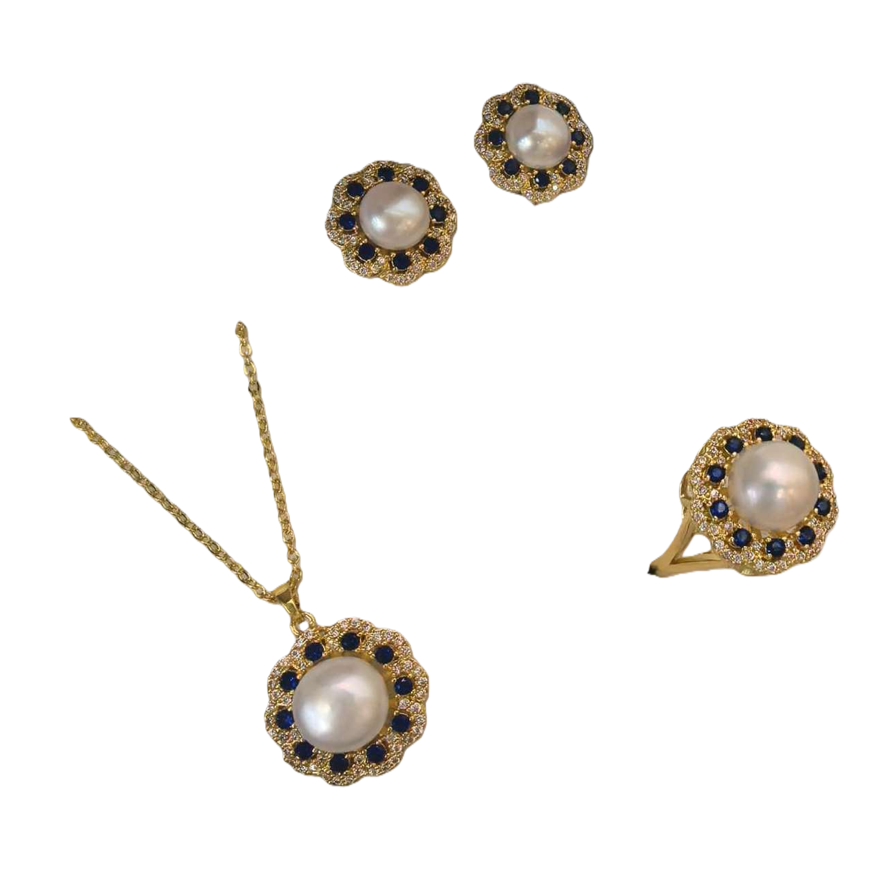 Golden pearl and sapphire jewelry set, necklace, stud ring, elegant and refined women's gift, elegant style Item Picture