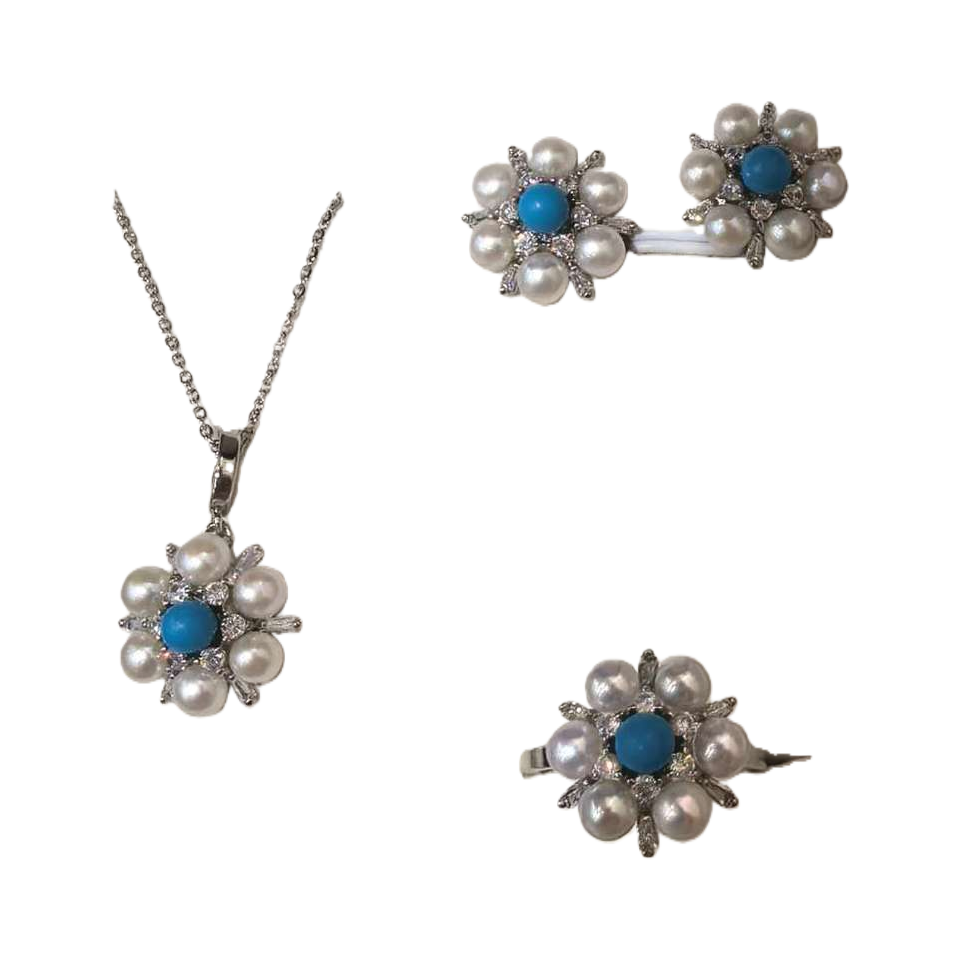 Pearl and sapphire flower-shaped jewelry set, blue gift box, necklace, earrings and ring, elegant and fashionable gift choice Item Picture