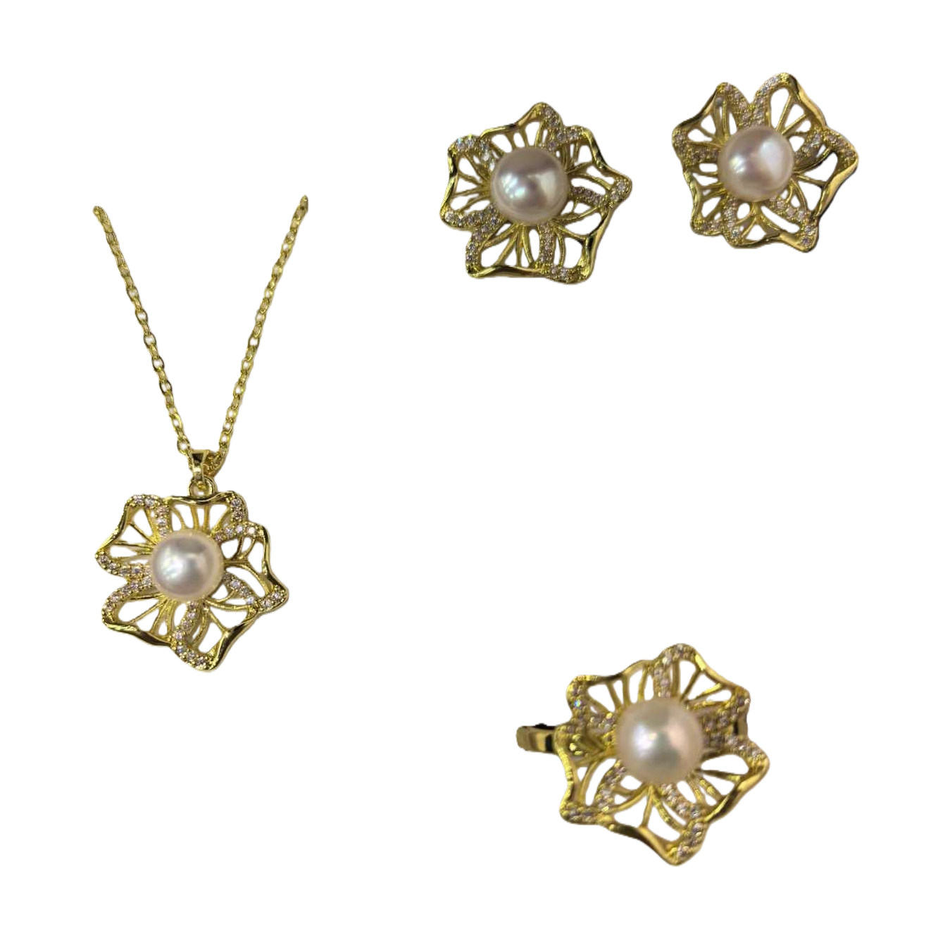 Golden flower-shaped pearl jewelry set, elegant and refined, necklace, earrings, bracelet, women's accessories gift box set Item Picture